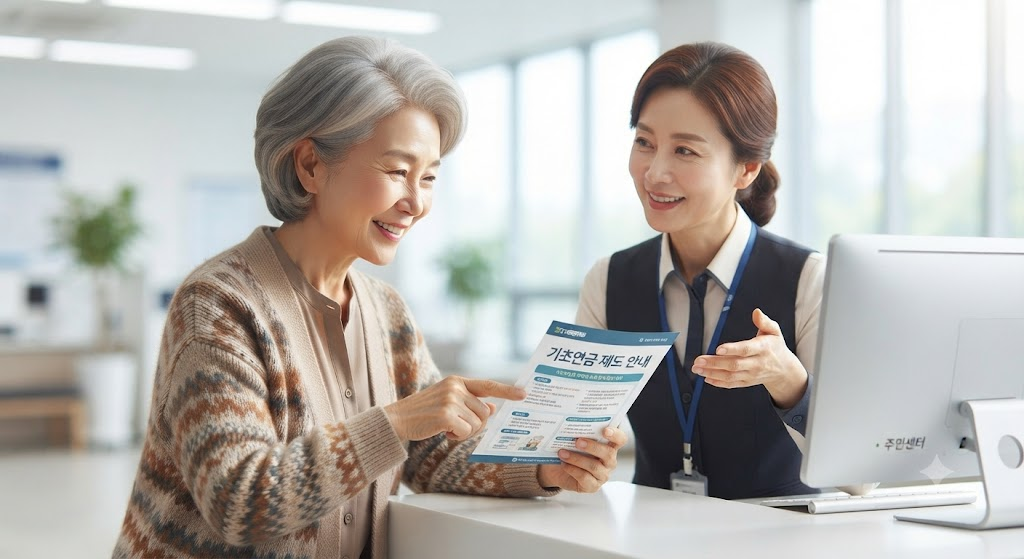 주민센터에서 기초연금 안내 책자를 보며 상담하는 시니어 여성