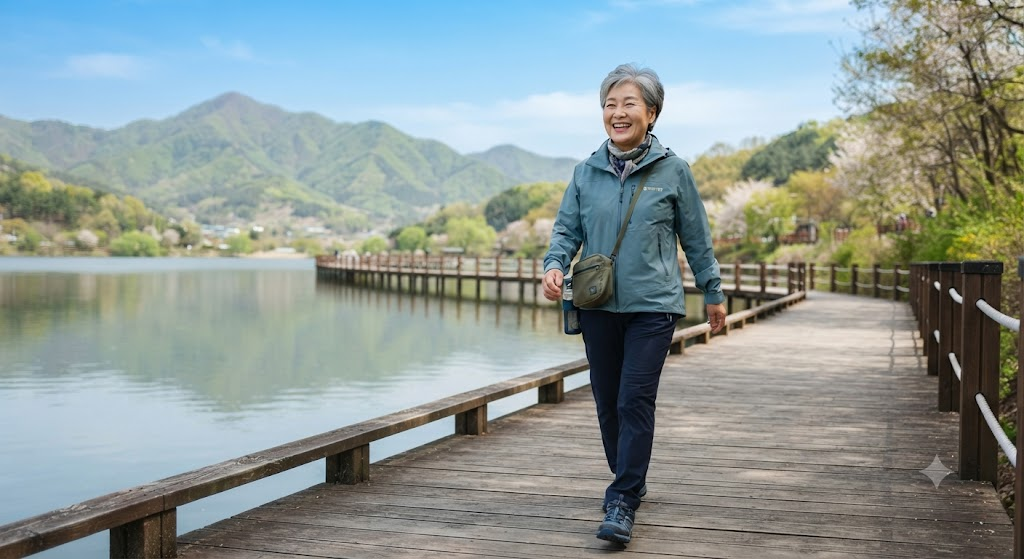 편안한 복장을 하고 제천 의림지 같은 평탄한 호수 산책로를 걷는 밝은 표정의 시니어 여성