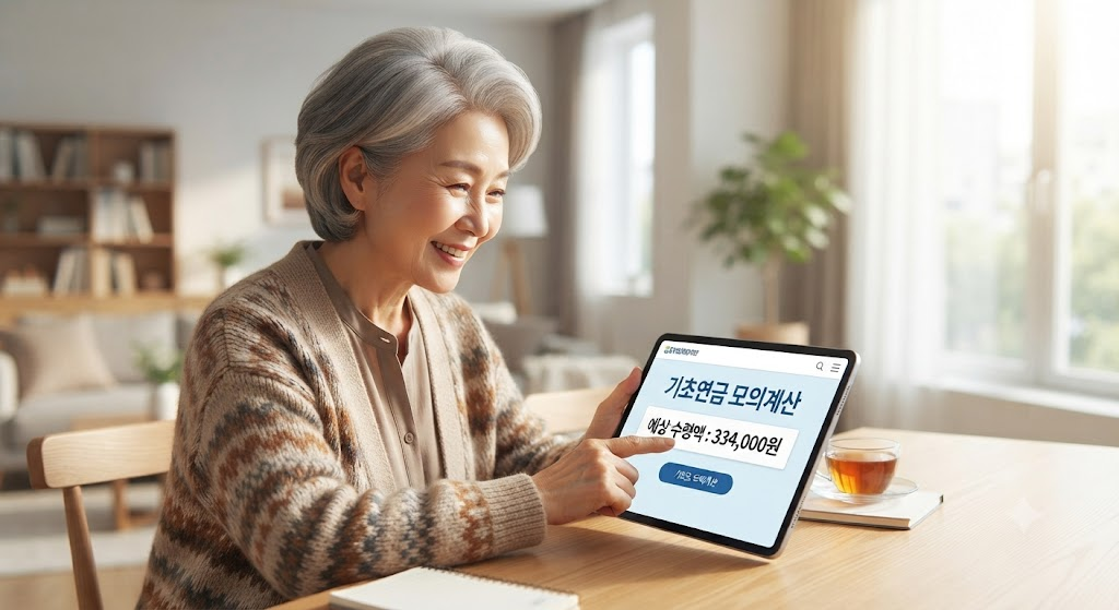 기초연금 모의계산' 결과를 확인하며 미소 짓는 시니어 여성