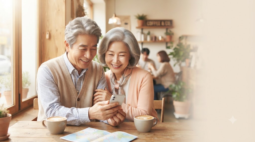 "밝고 따뜻한 분위기의 카페에서 스마트폰을 보며 즐겁게 대화하는 시니어 부부
